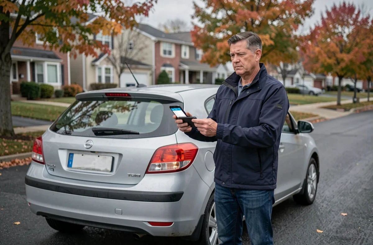 Homme debout près de sa voiture consultant une application de résiliation d'assurance auto