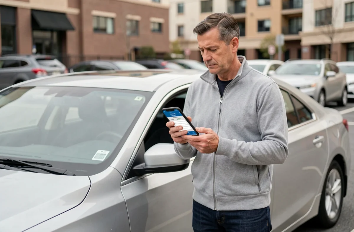 Homme utilisant une application mobile pour simuler le tarif de son assurance voiture à côté de son véhicule
