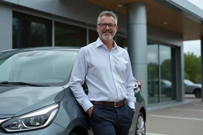 Homme souriant et détendu devant une voiture moderne