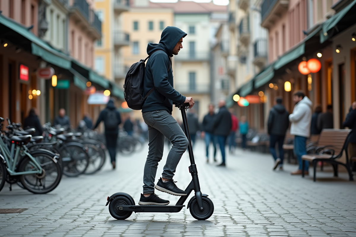 Homme en veste pause avec scooter dans une place urbaine