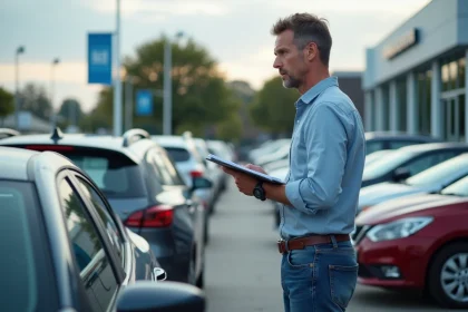 Homme examinant une voiture d'occasion en concession
