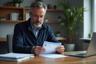 Homme vérifiant sa carte grise dans un bureau moderne