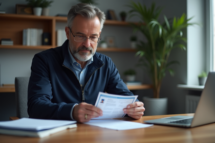 Homme vérifiant sa carte grise dans un bureau moderne