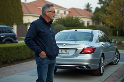 Homme vérifiant une plaque d'immatriculation sur sa voiture