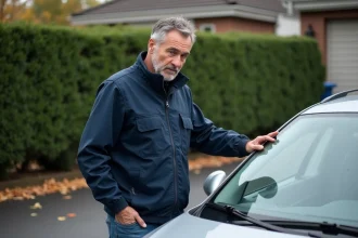 Homme examinant le parebrise d'une voiture extérieure