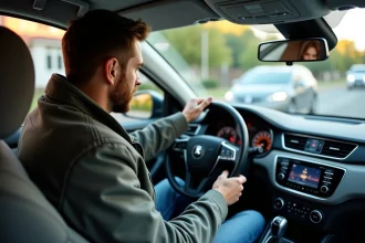 Homme en voiture entrant un code sur la radio