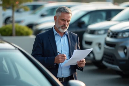 Homme d'âge moyen inspectant une voiture en concession