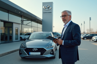 Homme d affaires examine une voiture hybride devant un concessionnaire