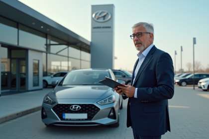 Homme d affaires examine une voiture hybride devant un concessionnaire