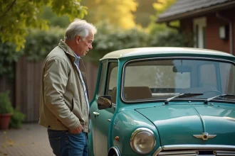 Homme regardant une Mini Moke dans une allée verdoyante