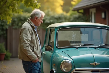 Homme regardant une Mini Moke dans une allée verdoyante