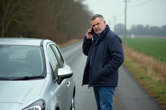 Homme d'âge moyen avec téléphone à l'oreille près d'une voiture