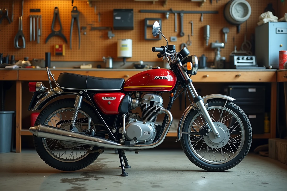 Honda XL 500 dans un atelier de mécanique vintage avec des outils et un manuel d'entretien posés sur un établi en bois