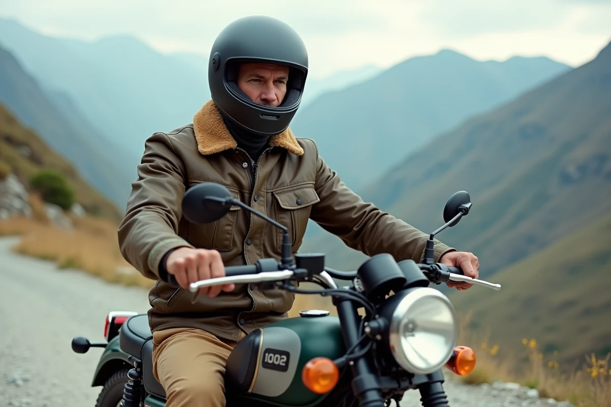 Motard en équipement retro assis sur une Honda XL 500 sur une route de montagne en gravier avec panorama vallée en arrière-plan