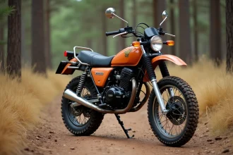 Honda XL 500 garée sur un sentier de terre en forêt, vue 3/4 avant montrant son profil trail iconique et ses pneumatiques tout-terrain