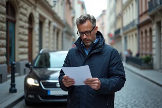 Homme tenant un document d'immatriculation de voiture devant un panneau de zone à faibles émissions à Bruxelles