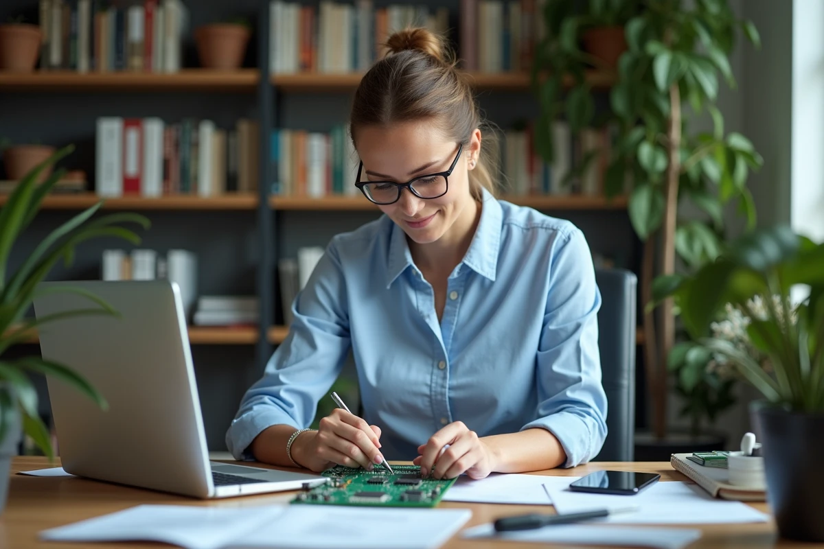 Ingénieure inspectant un circuit BPGA dans un bureau à domicile