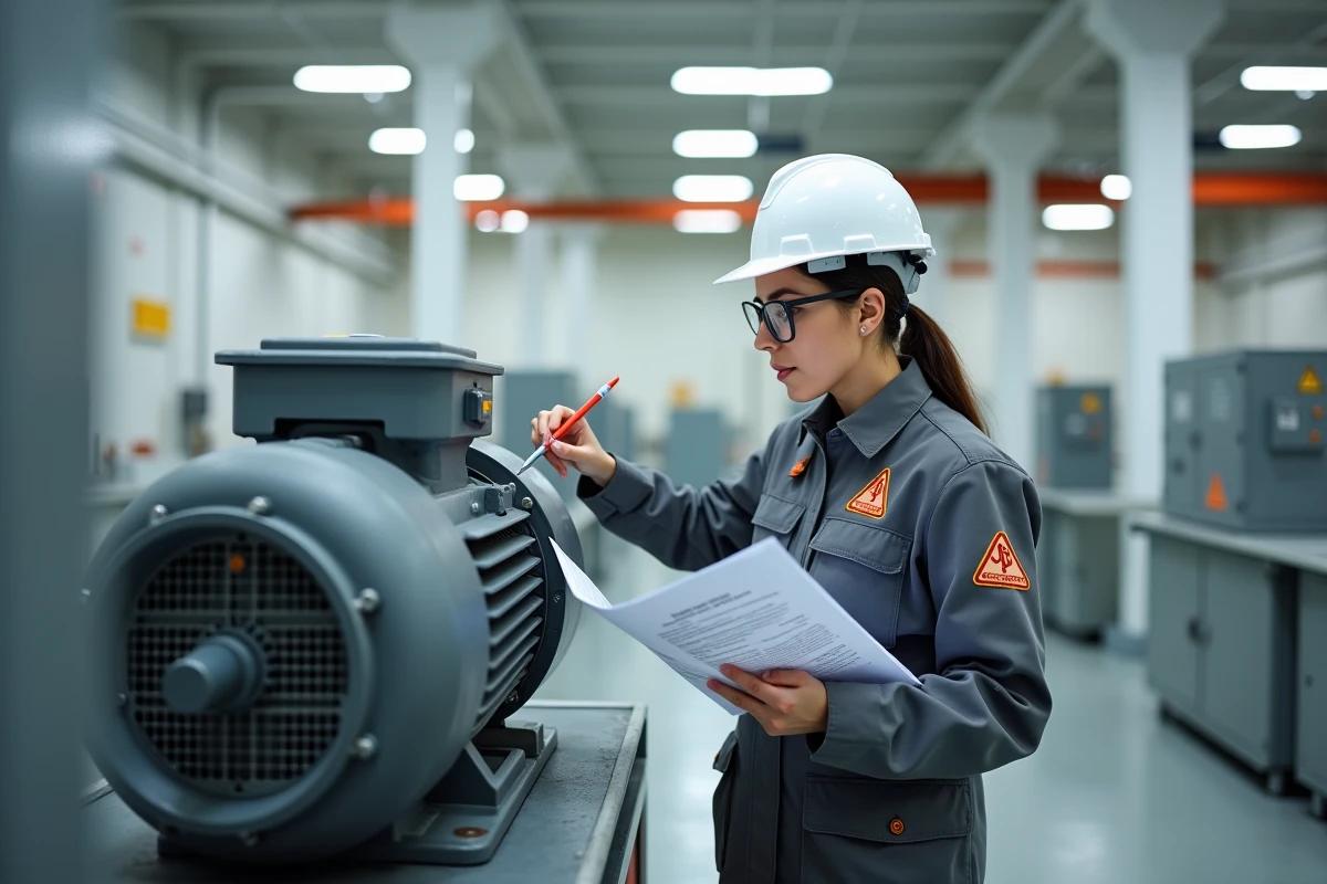 Ingénieure électricienne vérifiant les normes de sécurité d'un condensateur sur moteur électrique en laboratoire