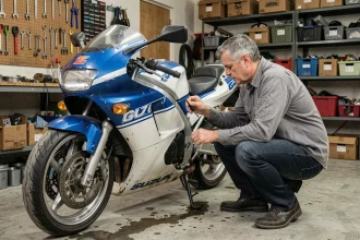 Mécanicien inspectant une Suzuki GSXR 1100 de 1992 dans un garage, vérifiant les joints de fourche avant d'un achat