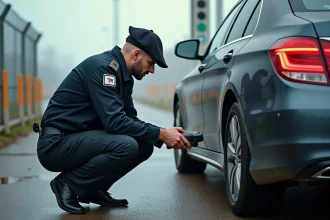 Agent des douanes inspectant une plaque d'immatriculation TR sur un véhicule étranger à un poste frontière