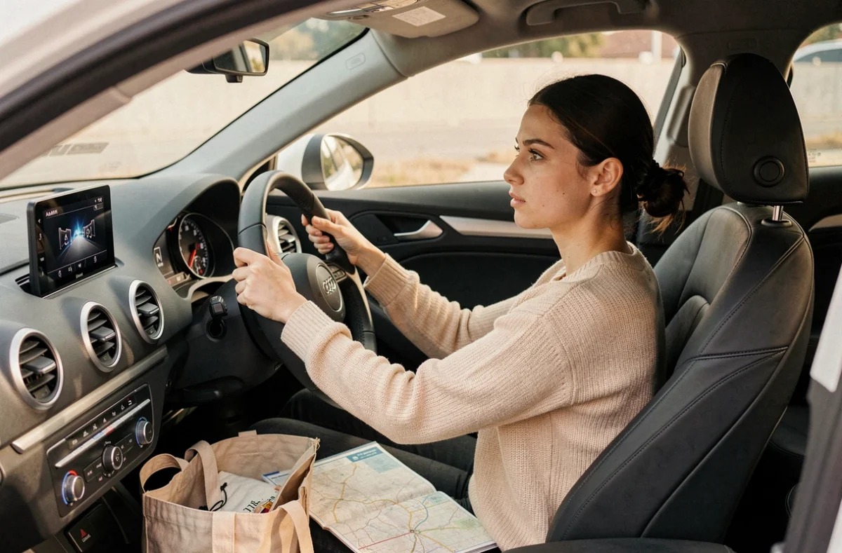 Jeune femme au volant d'une Audi A3 grise, vue de l'intérieur de l'habitacle moderne