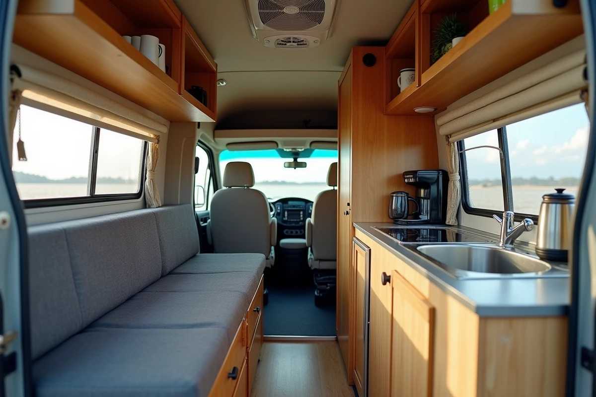 Intérieur aménagé d'un fourgon occasion avec kitchenette compacte, banquette grise et rangements en bois, vue depuis l'arrière vers la cabine