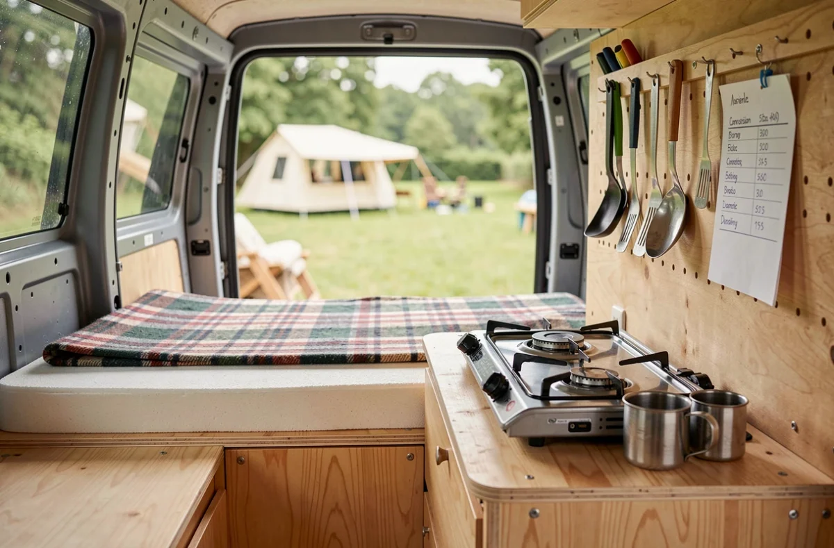 Intérieur aménagé DIY d'un petit van de camping économique avec couchette en bois, cuisine portable et liste de coûts d'aménagement, conversion van pas cher style Dacia Sandman