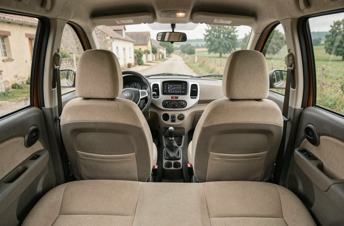 Intérieur d'une voiture sans permis 4 places vue depuis la banquette arrière sur route de campagne