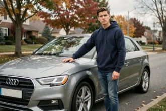 Jeune conducteur appuyé sur une Audi A3 grise garée dans une rue résidentielle en automne