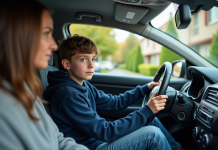 Garçon français de 14 ans au volant d'une voiture compacte