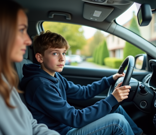 Garçon français de 14 ans au volant d'une voiture compacte