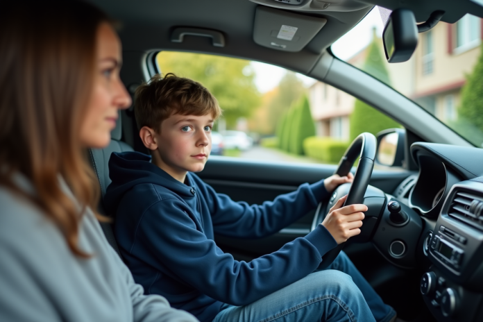 jeune-conducteur-francais-voiture Garçon français de 14 ans au volant d'une voiture compacte