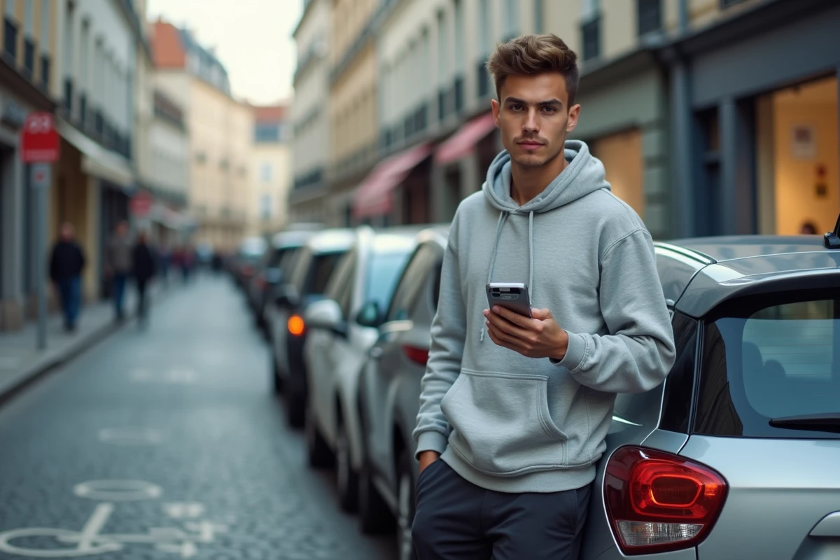 Jeune conducteur consultant son téléphone GPS à côté de sa voiture dans une rue de ville française