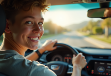 Jeune conducteur souriant dans une voiture moderne