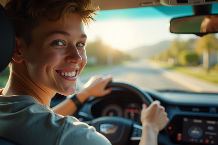 Jeune conducteur souriant dans une voiture moderne