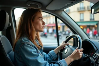 Jeune conductrice attentive au volant d'une voiture en milieu urbain, idéal pour illustrer la conduite en ville