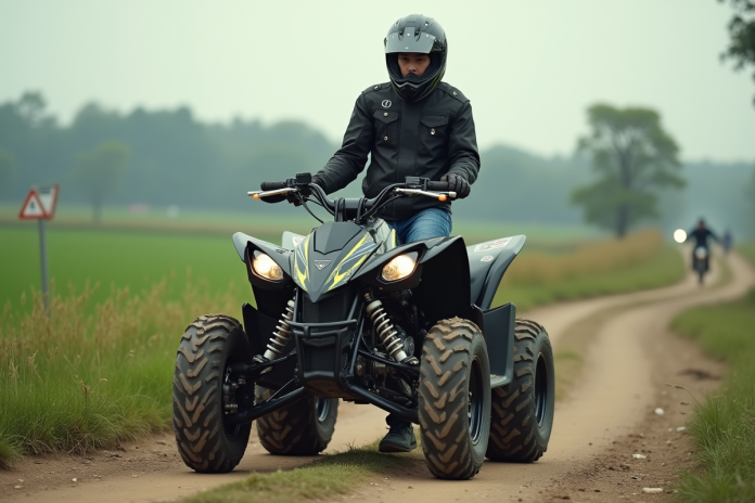 jeune-cycliste-quadripke-rural Jeune homme en équipement moto près d'un quad 700cc en pleine nature