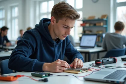 Jeune étudiant en électronique connectant un breadboard dans une salle moderne