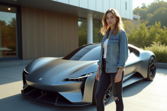 Jeune femme avec voiture futuriste en showroom moderne
