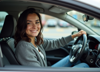 Jeune femme souriante au volant d'une voiture en ville