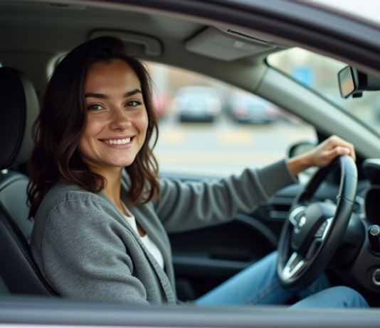 Jeune femme souriante au volant d'une voiture en ville