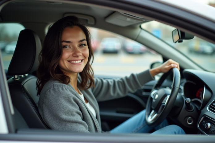 jeune-femme-confiance-voiture Jeune femme souriante au volant d'une voiture en ville