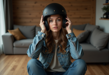 Choisir la bonne taille de casque moto : conseils pratiques et astuces Jeune femme ajustant son casque de moto dans un salon chaleureux