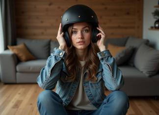 Jeune femme ajustant son casque de moto dans un salon chaleureux
