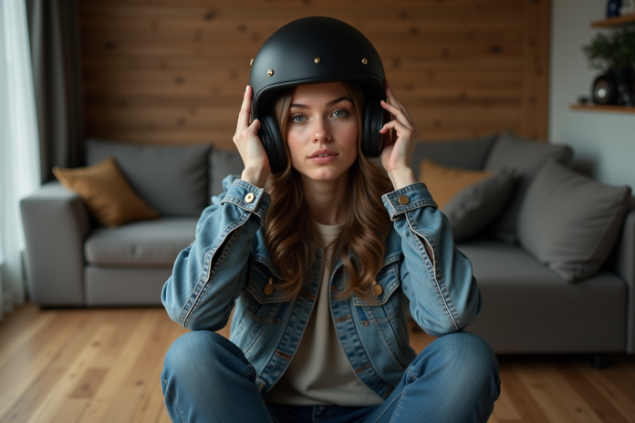 jeune-femme-moto-cozy-inteieur Jeune femme ajustant son casque de moto dans un salon chaleureux
