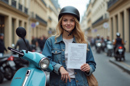 Jeune femme avec scooter électrique et documents de conduite à Paris