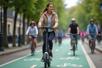 Jeune femme en scooter électrique sur une voie cyclable urbaine