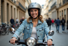Moto sans permis : comment choisir la meilleure option ? Jeune femme en scooter sans permis dans une ville européenne