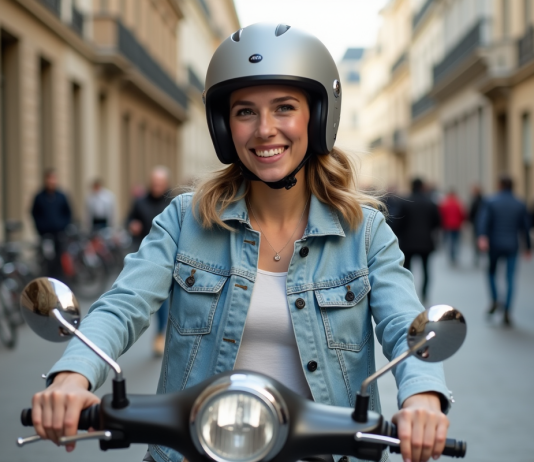 Moto sans permis : comment choisir la meilleure option ? Jeune femme en scooter sans permis dans une ville européenne