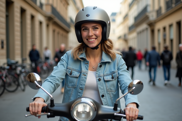 jeune-femme-scooter-urbain Jeune femme en scooter sans permis dans une ville européenne